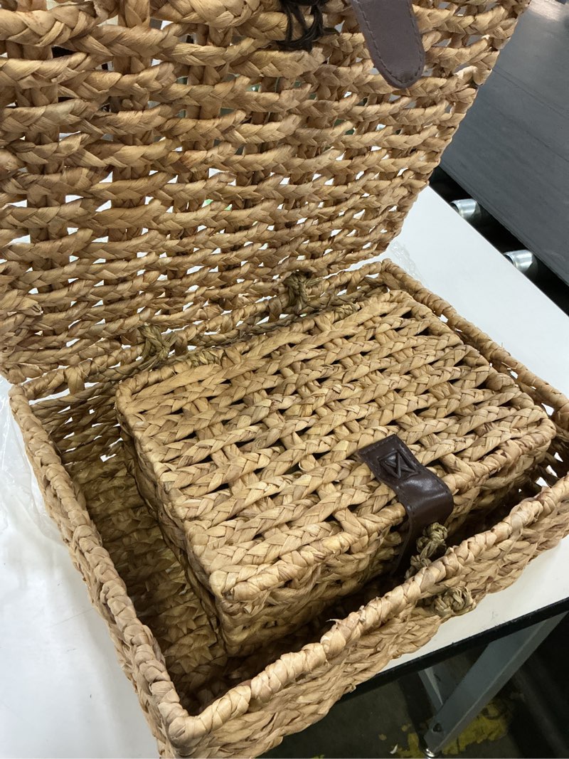 Condition photo showing Good Condition for novabright 2 pcs seagrass storage basket box with lid decorative box storage basket with lid rectangular woven shelf baskets bins for coffee table, home decor organize snack toys(small+large)