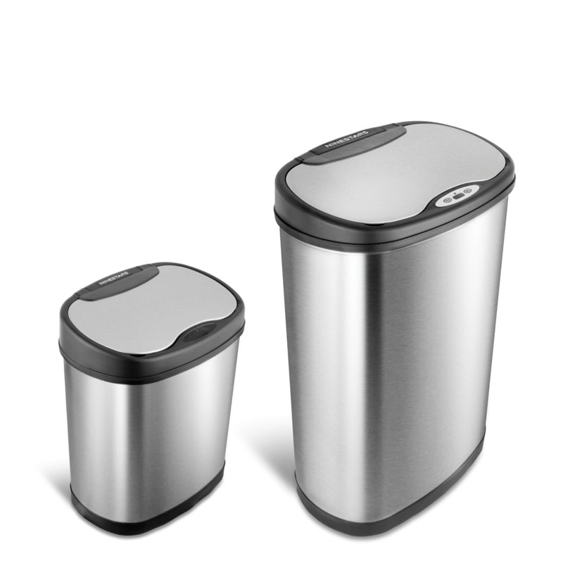 NINESTARS Automatic Touchless Infrared Motion Sensor Trash Can Combo Set, 13 Gal 50L & 3 Gal 12L, Stainless Steel Base (Oval, Silver/Black Lid)