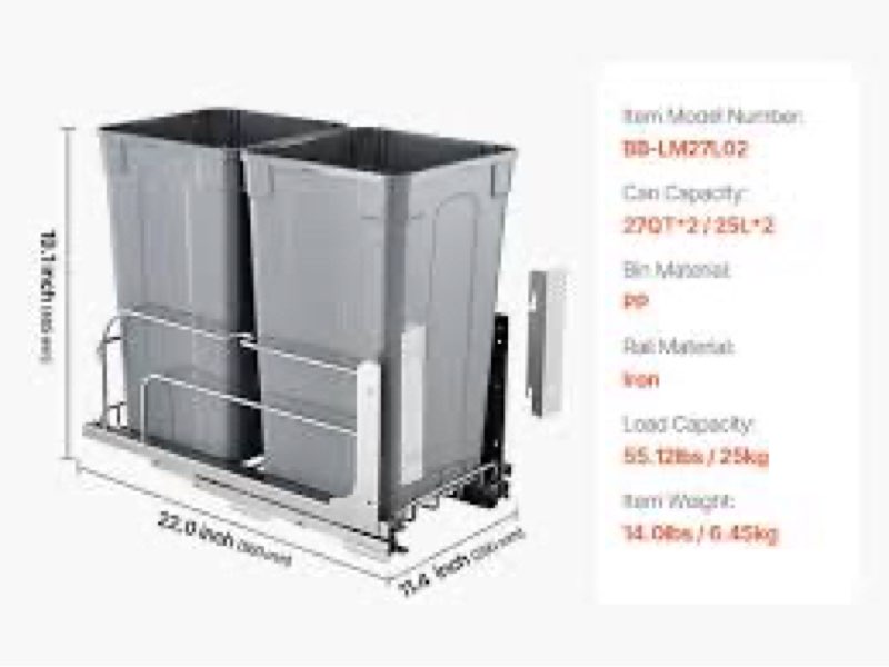 vevor pull-out trash can, 27 qt x2 double under mount kitchen waste container, heavy duty garbage recycling bin with door kit and soft close slide, for kitchen cabinet, sink, under counter (grey)