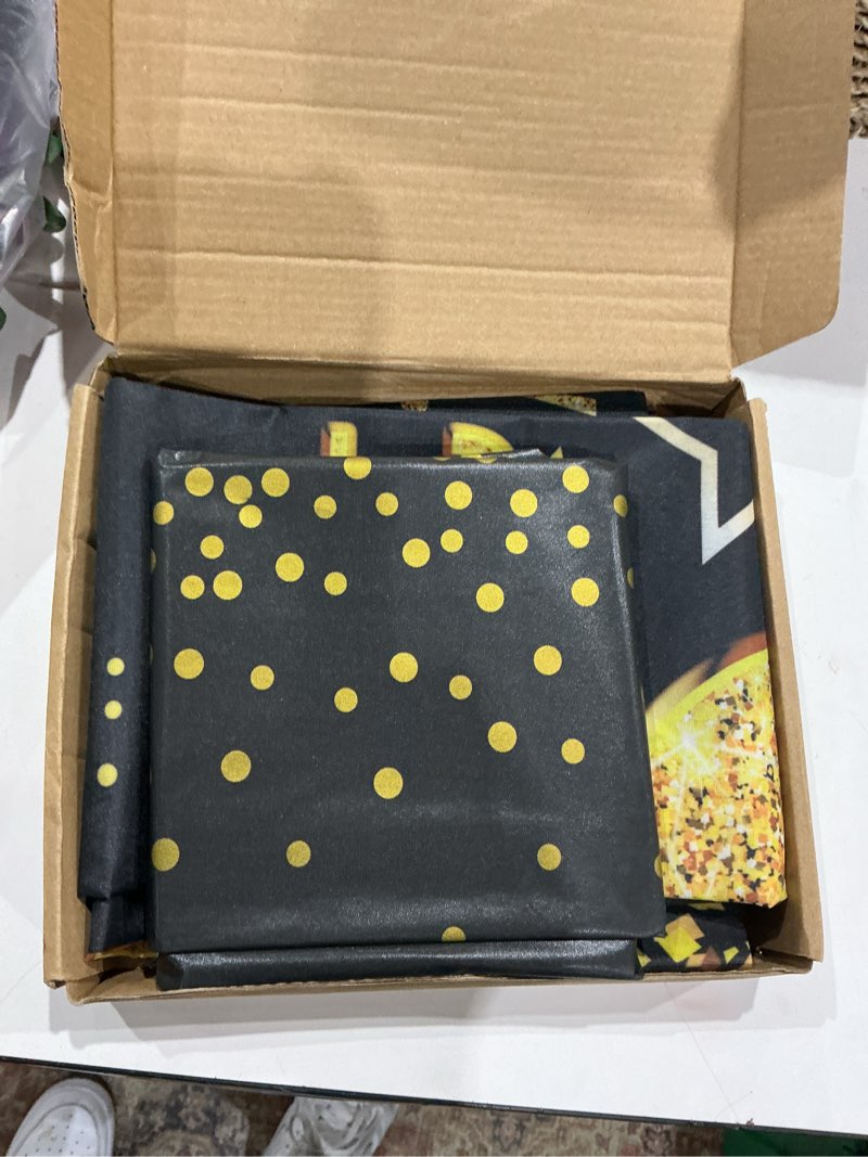Condition photo showing Good Condition for 85th birthday decorations men women with 85th birthday banner, black and gold table cloth, number balloons, sash, cake topper and candles