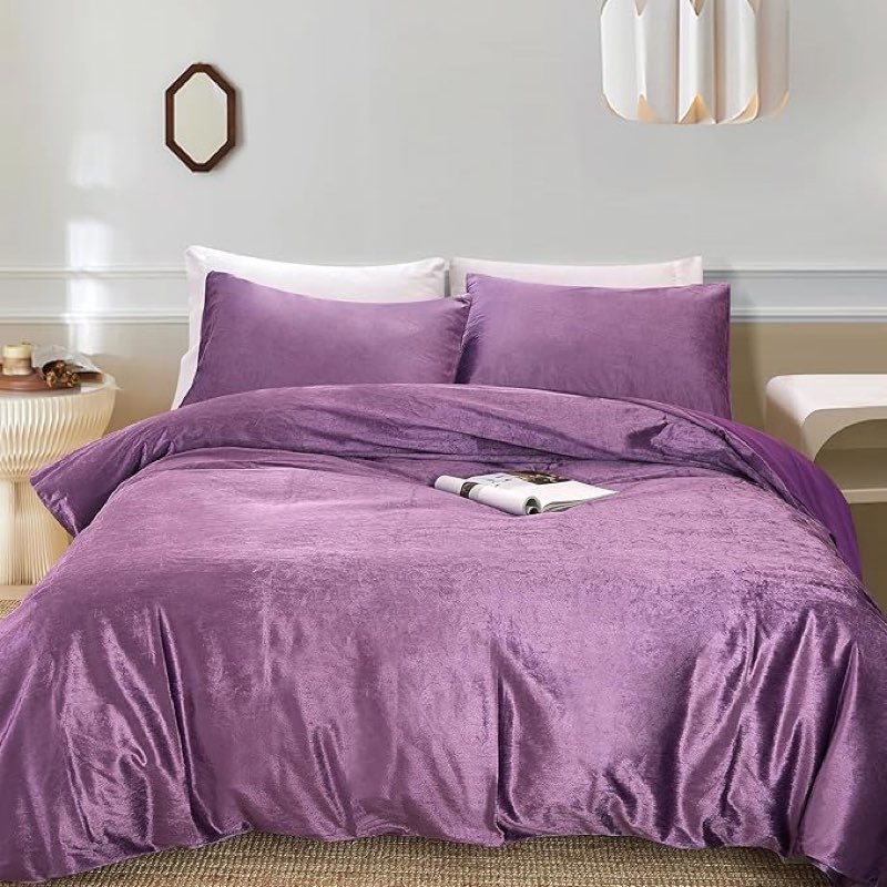 JSD Purple Velvet Microfiber Duvet Cover Set King Size, 3 Piece Reversible Duvet Cover with Pillow S
