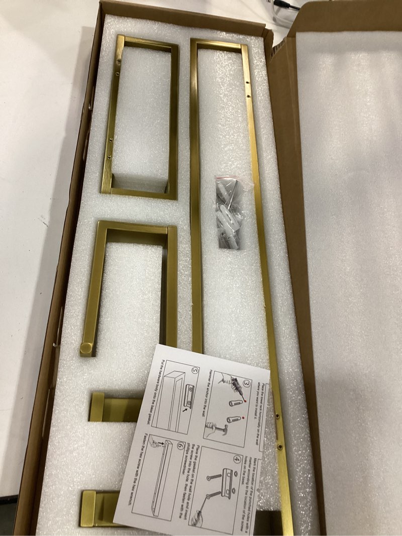 Condition photo showing New/Like New for 4-piece modern gold bathroom hardware accessories set - towel bar & holder, stainless steel, wall mounted, 23.6 inch