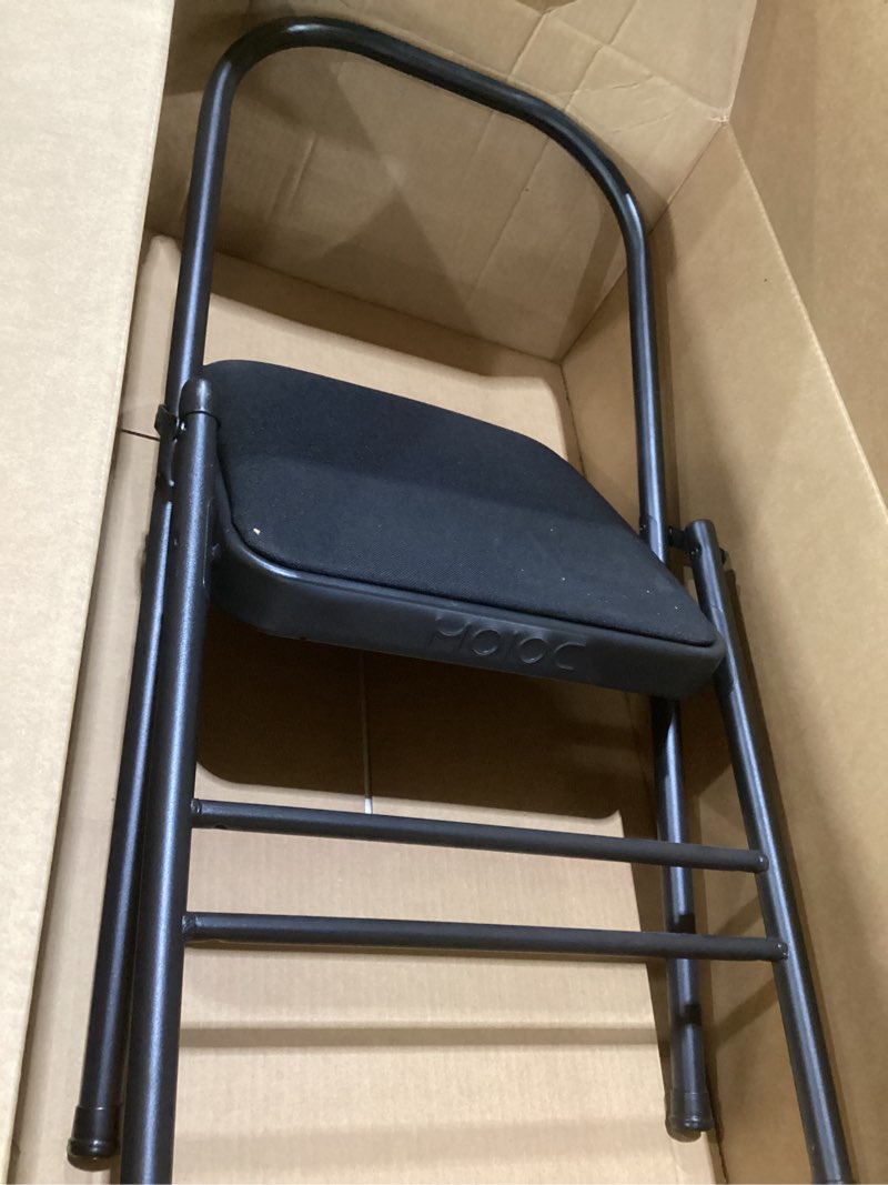 Condition photo showing As Is for 1 foldable chair with padded cushion, single black steel metal frame foldable chair for indoor and outdoor, portable stackable commercial seat for bedroom patio party event black, not exact, similar to stock photo