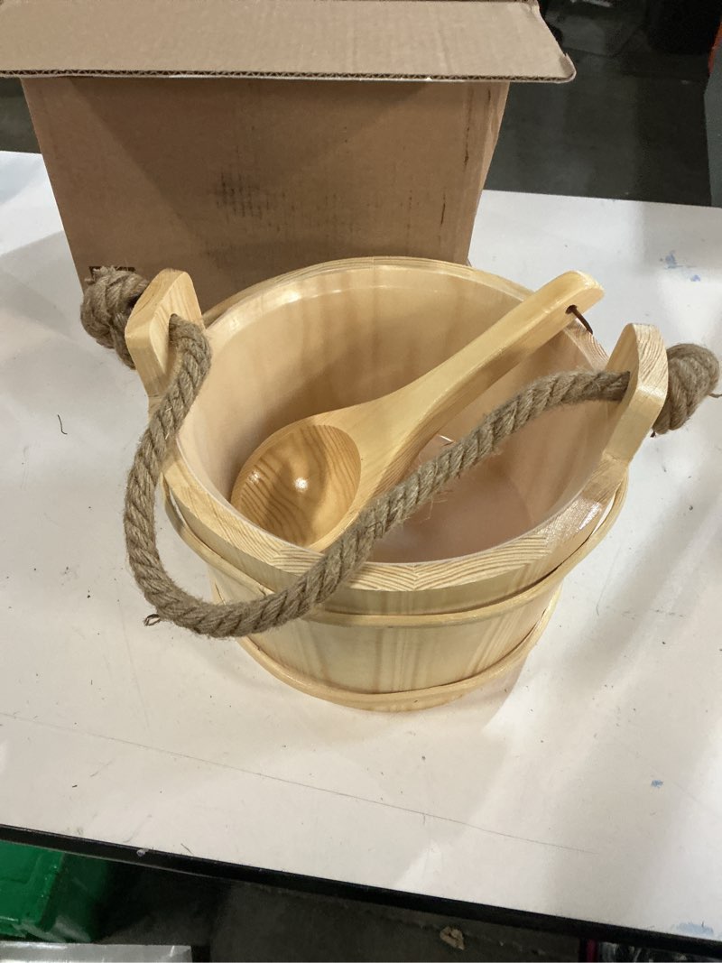 Condition photo showing Good Condition for Sauna Bucket and Ladle Set, Wooden Sauna Bucket Sauna Accessories, LuxurySauna Wood Bucket Kit 1 Gallon (4 Liters) for Sauna Steam Room Indoor Outdoor