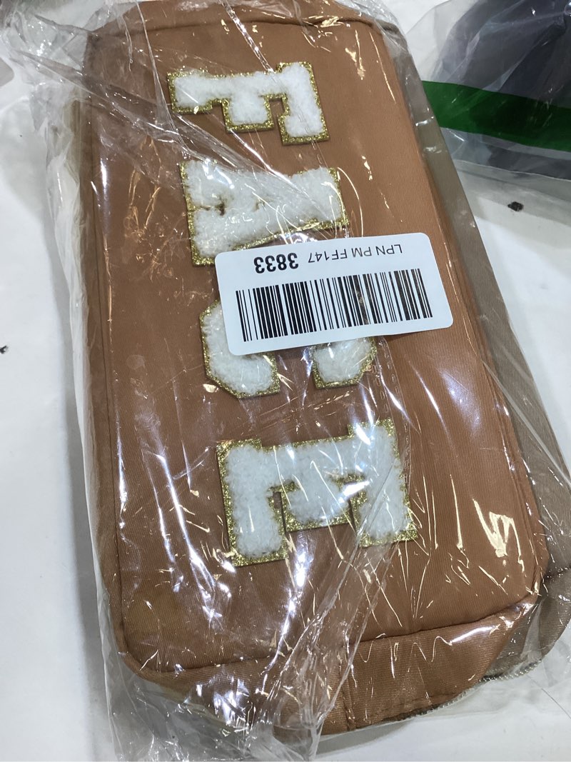 Condition photo showing Good Condition for 4 Pcs Preppy Makeup Bag Chenille Letter Nylon Cosmetic Bag Makeup Organizer Bag Toiletry Cosmetic Case Preppy Bag with Zipper Stuff Bag Cosmetic Pouch Makeup Pouch for Women Teen Girl (Brown Set)