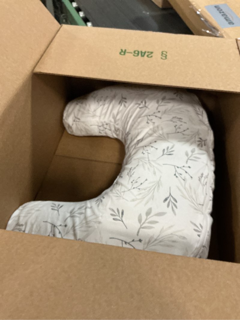 Condition photo showing As Is for Boppy Nursing Pillow - Ergonomic Bottle & Breastfeeding Pillow with High, Firm, Large Area, Water-Repellent Cushion with Washable Cover; Baby Safety Alliance Verified - Gray Gentle Leaves New Nursing Pillow Gray Gentle Leaves