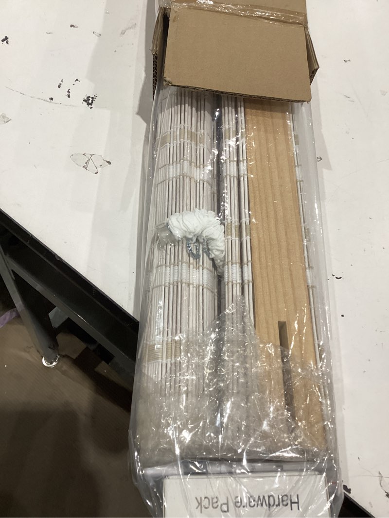 Condition photo showing Good Condition for lazblinds cordless bamboo roman shades for windows, light filtering natural bamboo blinds, easy lift cordless design for living room & bedroom, fits interior windows 27.5" w x 64" h, greystone greystone 27.5" w x 64" h