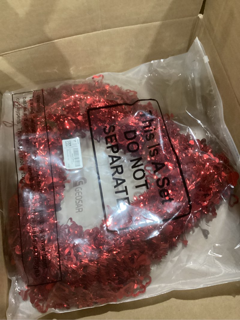 Condition photo showing New/Like New for Geosar 2 Pcs 16 Inch Valentine Wreaths for Front Door Decor Red Tinsel Heart Shaped Wreaths with Foil Heart Love Garland Wall Hanging Sign for Valentine Wedding Party Window Mantel Decoration