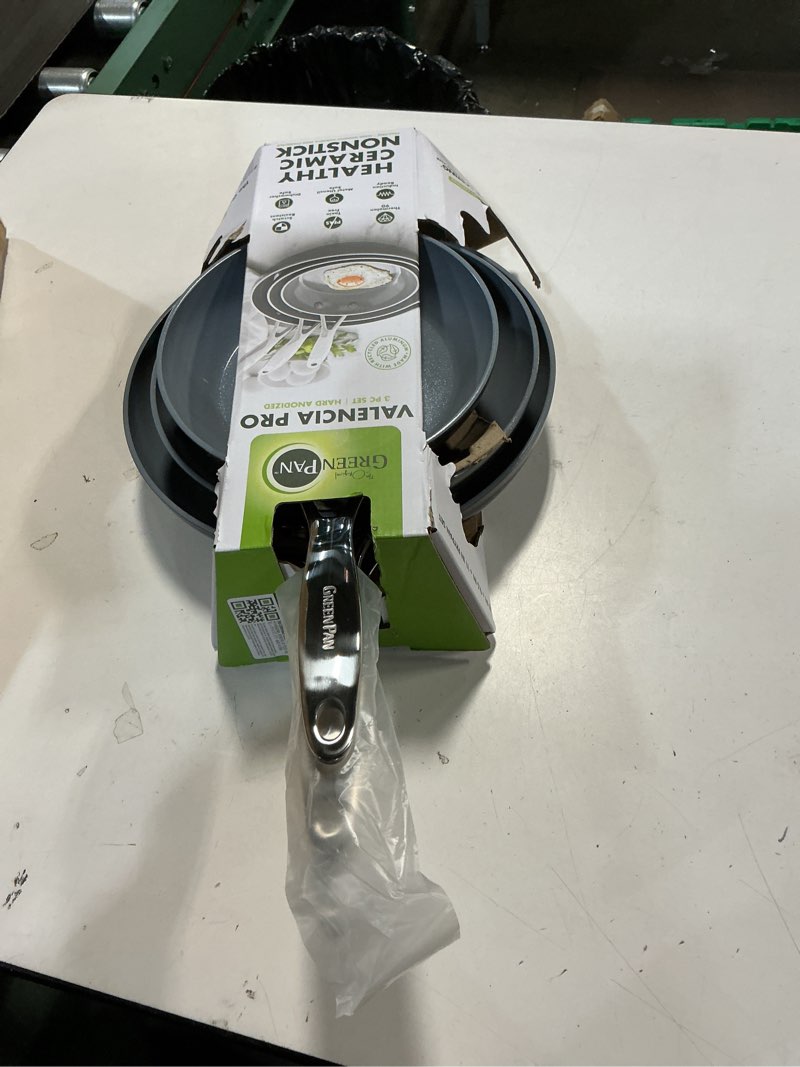 Condition photo showing New/Like New for GreenPan Valencia Pro Hard Anodized 3 Piece Fry Pan Skillet Set, Ceramic Nonstick 8" 9.5" and 11" Induction Suitable Frying Pans, PFAS-Free Cookware, Dishwasher Safe, Oven and Broiler Safe, Gray 8" 9.5" and 11" Frying Pan Skillet Set Gray