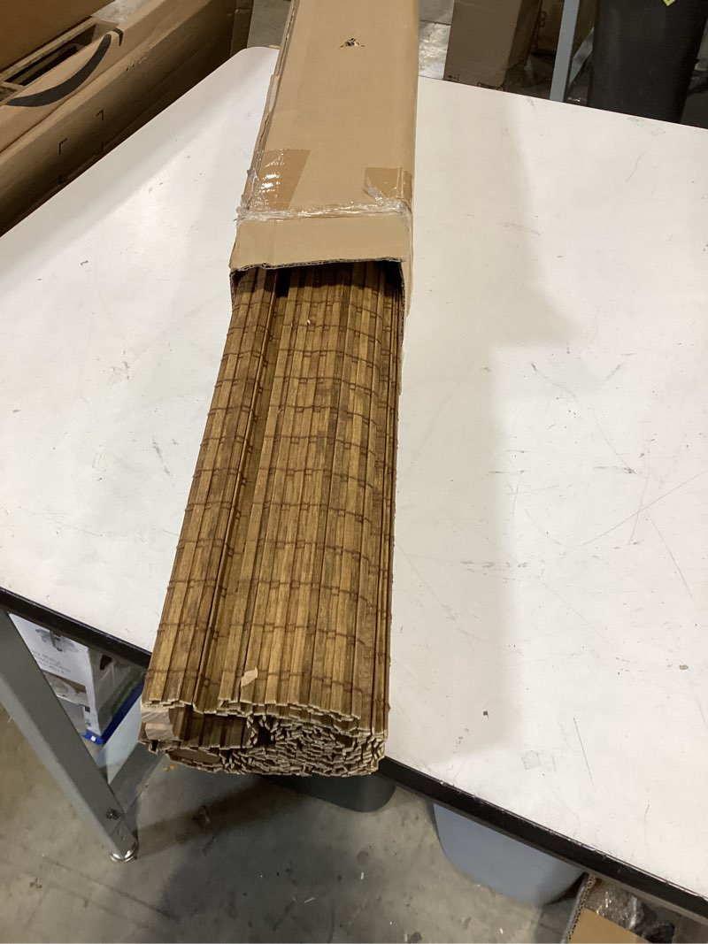 Condition photo showing As Is for lazblinds cordless bamboo roman shades, privacy blinds for interior windows, room darkening roll up bamboo blinds for home & patio, 20" w x 64" h, highfield teak pricacy - highfield teak 20" w x 64" h