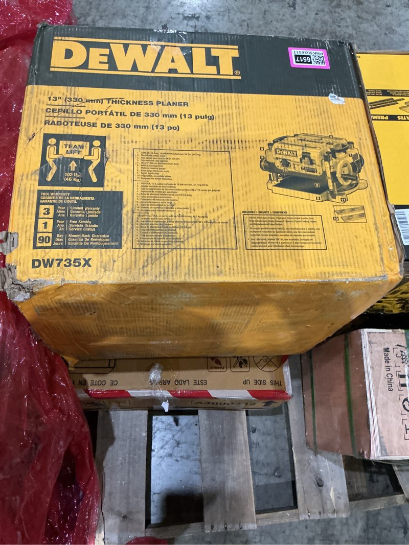 Condition photo showing New/Like New for dewalt thickness planer, 13-inch wood planer, three knife two speed, 15 amp, 20,000 rpm motor (dw735x) 2-speed 13" w/feed tables & extra blades