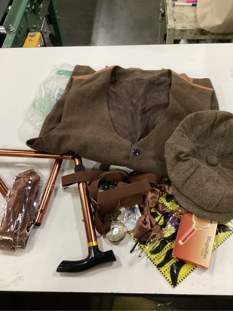 Condition photo showing Good Condition for 1920s Mens Costume Roaring 20s Costumes Accessories Set 1920s Vest Suspenders Hat Pocket Watch Tie Large Brown