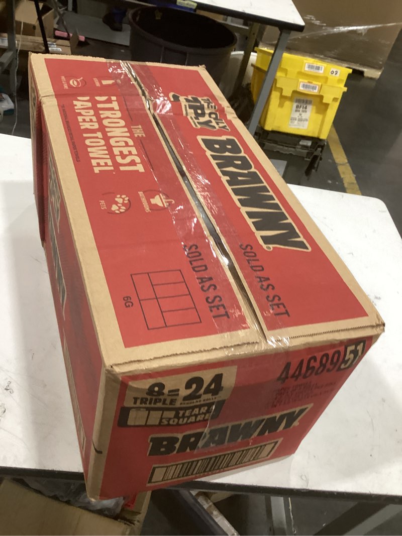 Condition photo showing New/Like New for brawny tear-a-square 3-ply paper towels, 8 triple rolls = 24 regular rolls, strong, absorbent, and durable with 3 sheet sizes (quarter, half, full) triple 8 triple rolls