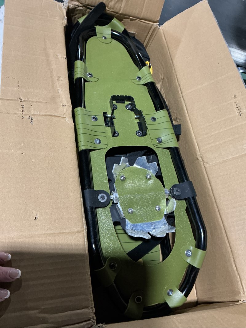 Condition photo showing Good Condition for Retrospec Drifter Snowshoes for Women & Men - Lightweight Aluminum Frame Snow Shoes with Double Ratchet Binding System, Heel Lifts & Carry Bag for All Terrain Hiking & Winter Sports Olive 25" Snowshoes