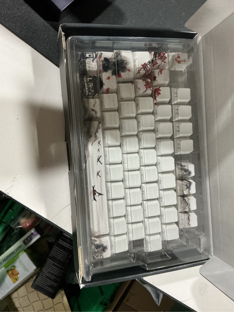 Condition photo showing Good Condition for womier pbt keycaps set 130 keys, custom white japanese keyboard doubleshot dye sub side print shine through keycaps 60 65 75 100 percent, cherry profile, cherry blossom