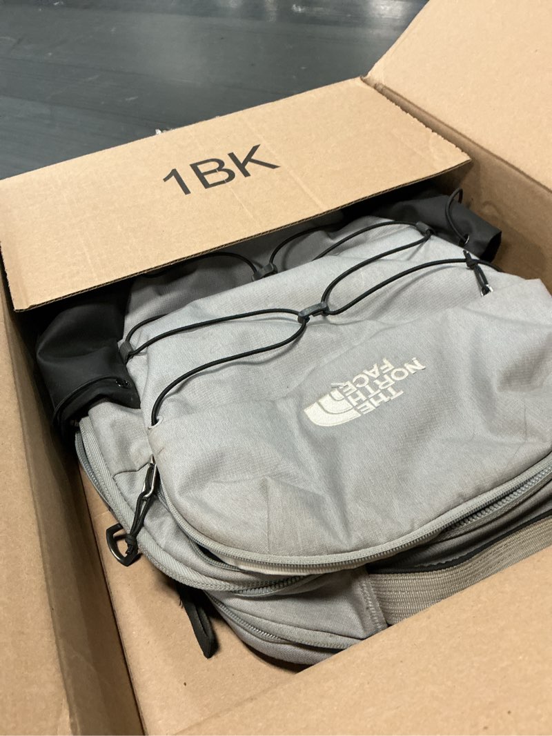 Condition photo showing As Is for the north face borealis commuter laptop backpack - water repellent, laptop sleeve, large main compartment, meld grey dark heather/tnf black-npf, one size one size meld grey dark heather/tnf black-npf