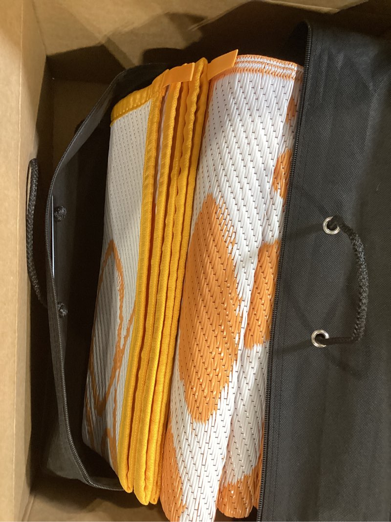 Condition photo showing Good Condition for anidaroel outdoor rugs 6x9ft for patios clearance waterproof, reversible tropical plastic straw camping mat outside rug, large outdoor area rug for rv, porch, deck, balcony, picnic(orange,6'x9')