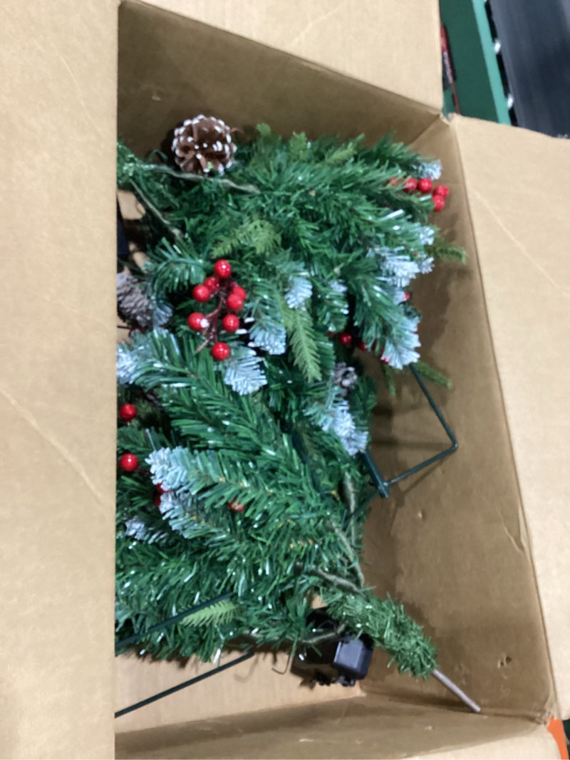 Condition photo showing As Is for Set of 2 18 Inch Lighted Outdoor Christmas Tree with Remote, Timer, Multi-Color Lights, Battery Operated Pre-lit Frosted Pathway Artificial Urn Filler, Christmas Porch Decorations for Home Porch Yard