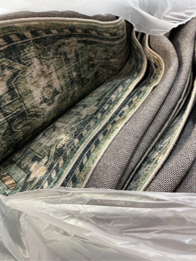 Condition photo showing As Is for 8x10 Area Rugs for Living Room: Washable Bedroom Rug Boho Vintage Rugs Stain Resistant Non Slip Low Pile Soft Lightweight Carpet for Kitchen Dining Room Farmhouse Nursery Kids Room 8' x 10' (Rectangular) Black and Green