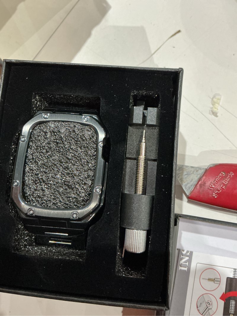 Condition photo showing Good Condition for stainless steel watch band with case compatible with apple watch series 11 10 42mm, rugged strap with metal protective bumper cover for iwatch bands men (black) black 42mm(series 11 10)