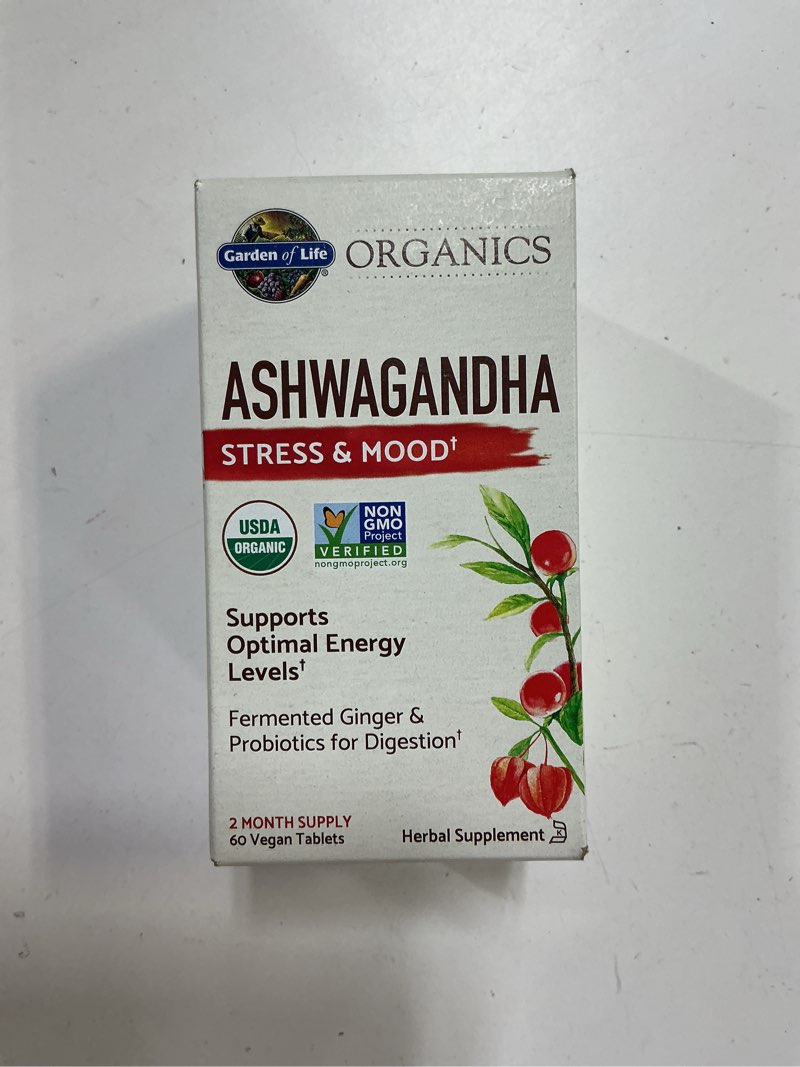 Condition photo showing New/Like New for (BBD 03/2026). Garden of Life Organic Ashwagandha Supplement with Probiotics & Ginger - Stress, Mood & Energy Support, Vegan, Gluten Free, Non GMO, 2 Month Supply, 60 Tablets Unflavored 60 Count (Pack of 1)