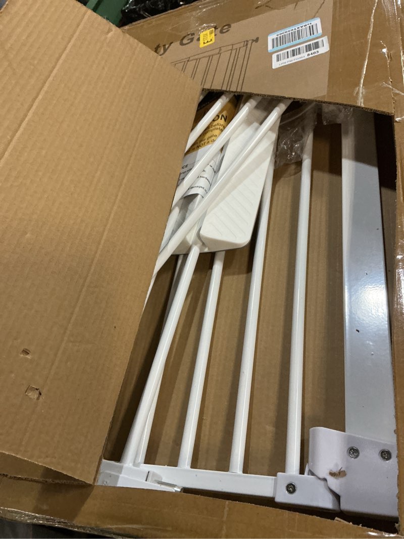 Condition photo showing As Is for WAOWAO 1.37" Ultra Narrow Spacing Extra Wide Baby Gate 61.61-65.55" Pressure Mounted Walk Through Double Lock Swing Auto Close Safety White Metal Toddler Child Dog Pet for Indoor,Doorway,Kitchen White 61.61-65.55"/156.5-166.5cm