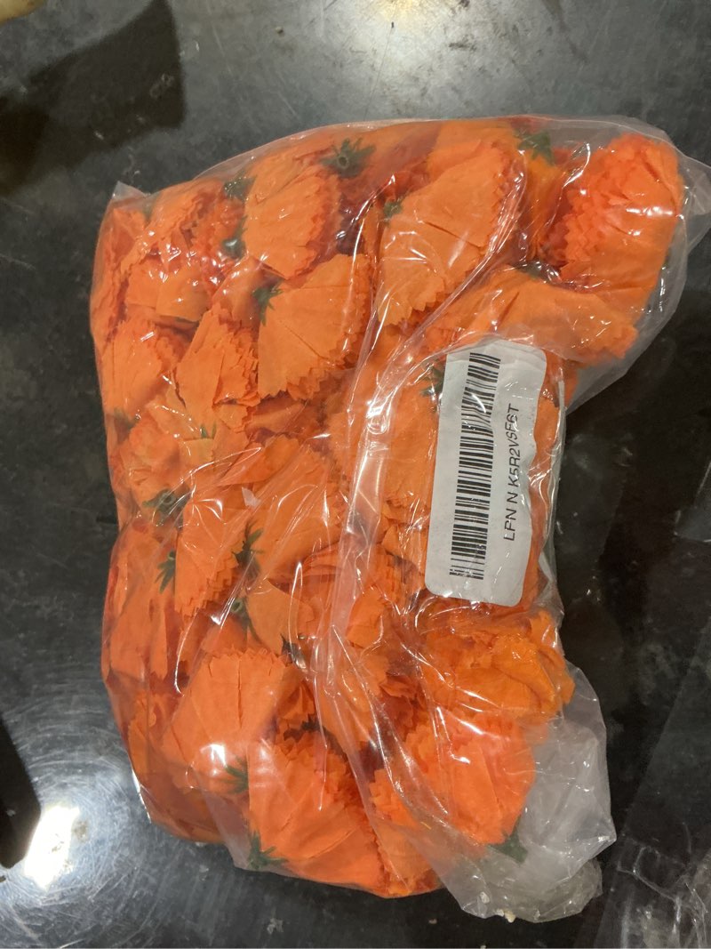 Condition photo showing Good Condition for 100pcs bulk silk artificial orange marigold flowers heads with stems for day of dead, halloween, diwali garland wreath home party decor