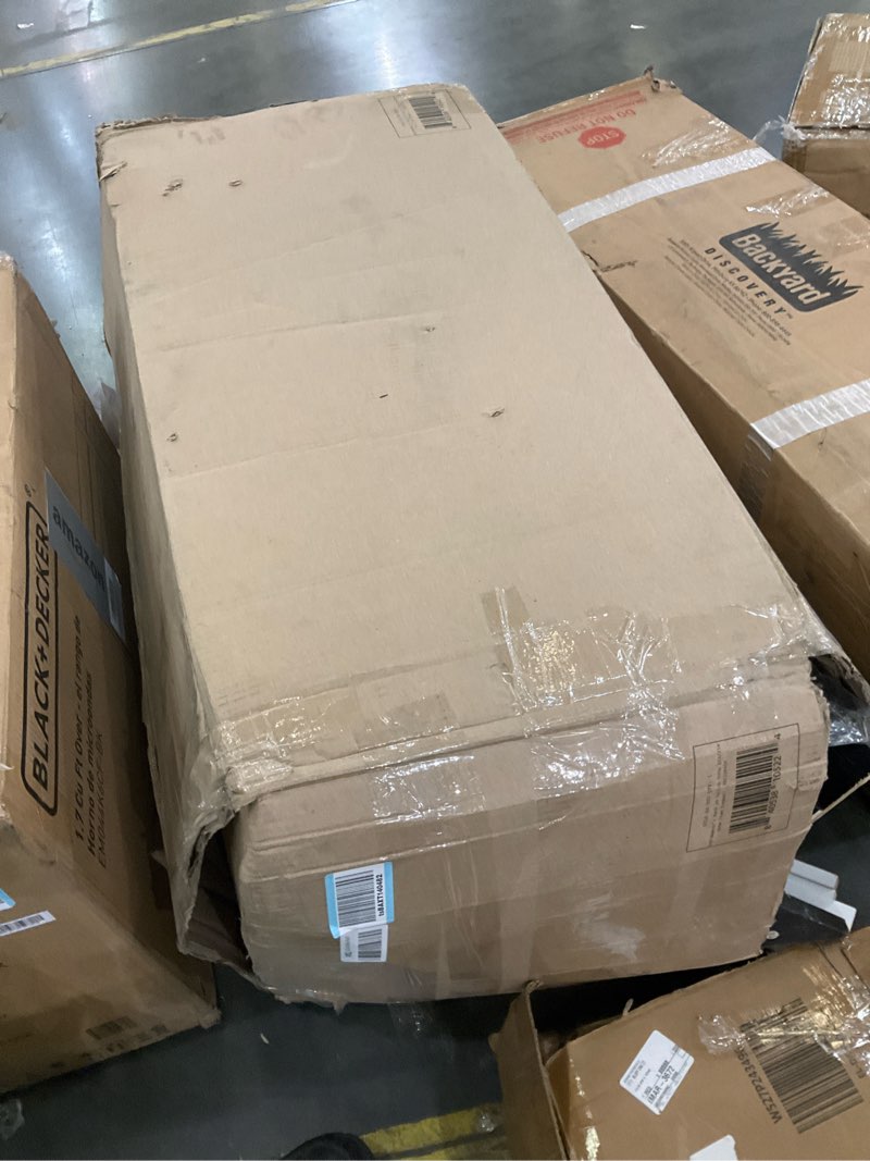 Condition photo showing As Is for Wooden Kids Outdoor Playhouse with Chalkboard, Playhouse for Kids with Windows, Flowerpot Holders, Working Door, Modern Farmhouse Design for Outdoor Imaginative Play, Blue