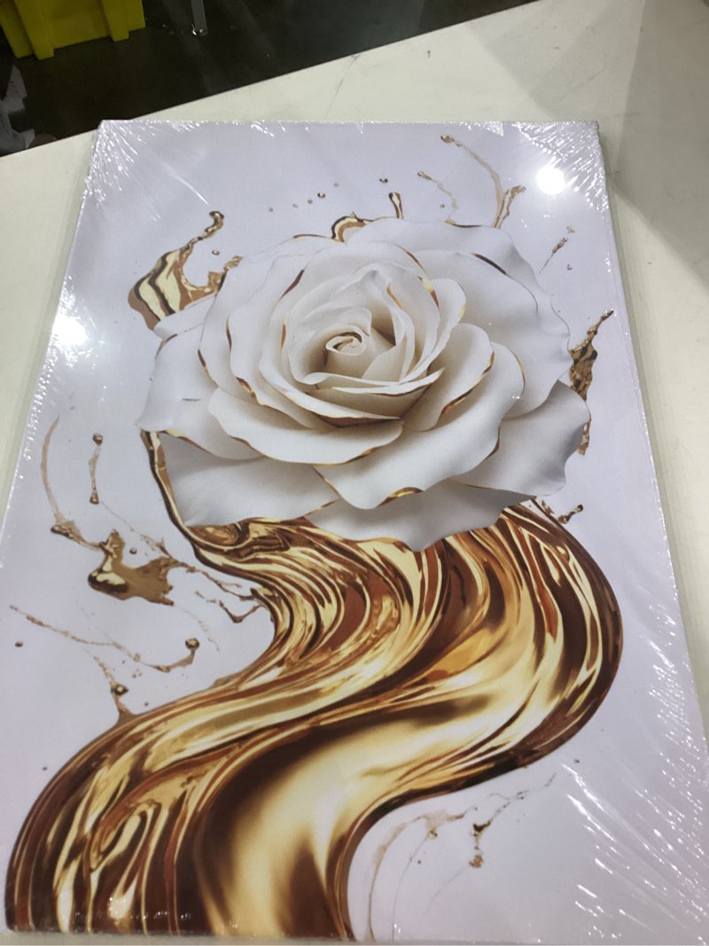 Condition photo showing New/Like New for LURENCZH Flower Canvas Wall Art White and Gold Rose Picture Prints Abstract Floral Paintings for Living Room Bedroom Decor Framed(Rose-1,16.00" x 24.00") Rose-1 16"L x 24"W