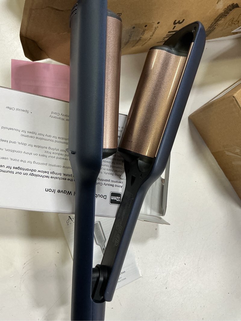Condition photo showing As Is for 32mm (1.25") Aima Beauty Twins Mermaid Hair Waver, Anti-Scald Hair Crimper 2 Barrel, Beach Wave Curling Iron, Curling Wand with Storage Lock 15S Heats Up for Short/Medium/Long Hair Prussian Blue 1.25 Inch 2 Barrel Prussian Blue