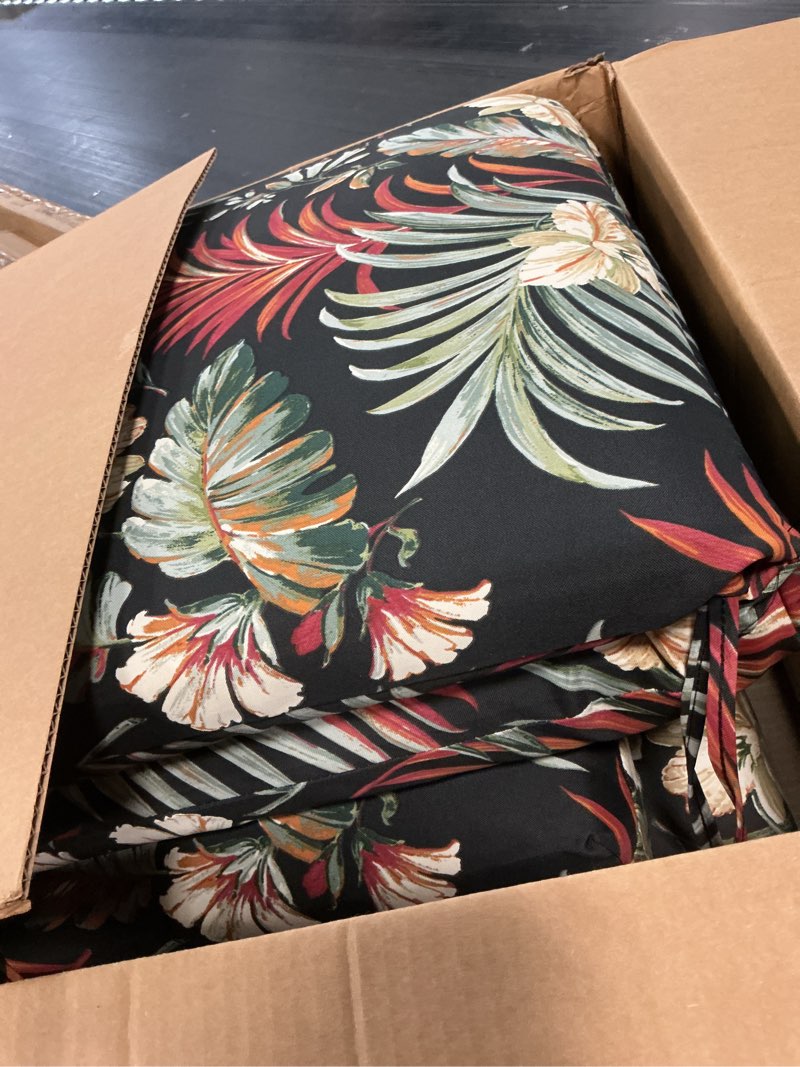 Condition photo showing Good Condition for arden 2-pack outdoor patio dining chair cushion, 20x44, rain-proof seat pad, fade-resistant outdoor cushion simone black tropical polyfill 2 pack simone black tropical