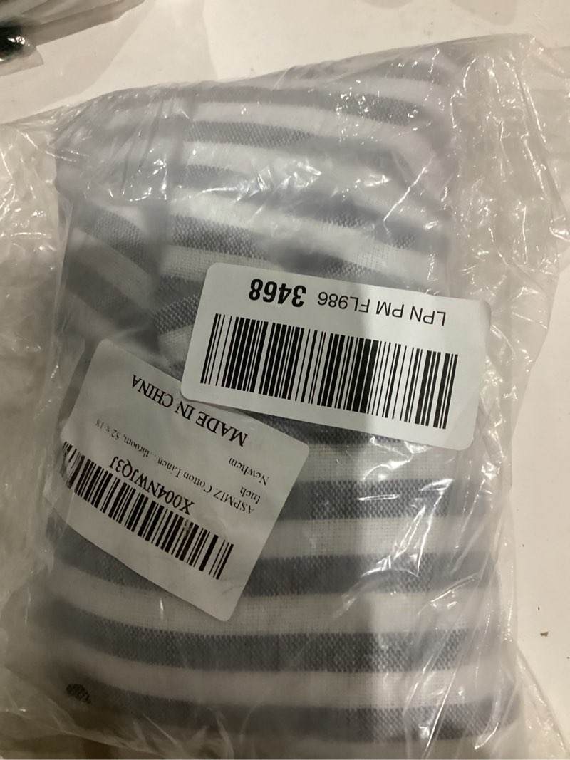 Condition photo showing As Is for aspmiz cotton linen kitchen valance curtains, boho rustic button valances for windows farmhouse style, blue striped valance window topper treatment tiers, window valances for bathroom, 52 x 18 inch blue&blue 52"w x 18"l (pack of 1)