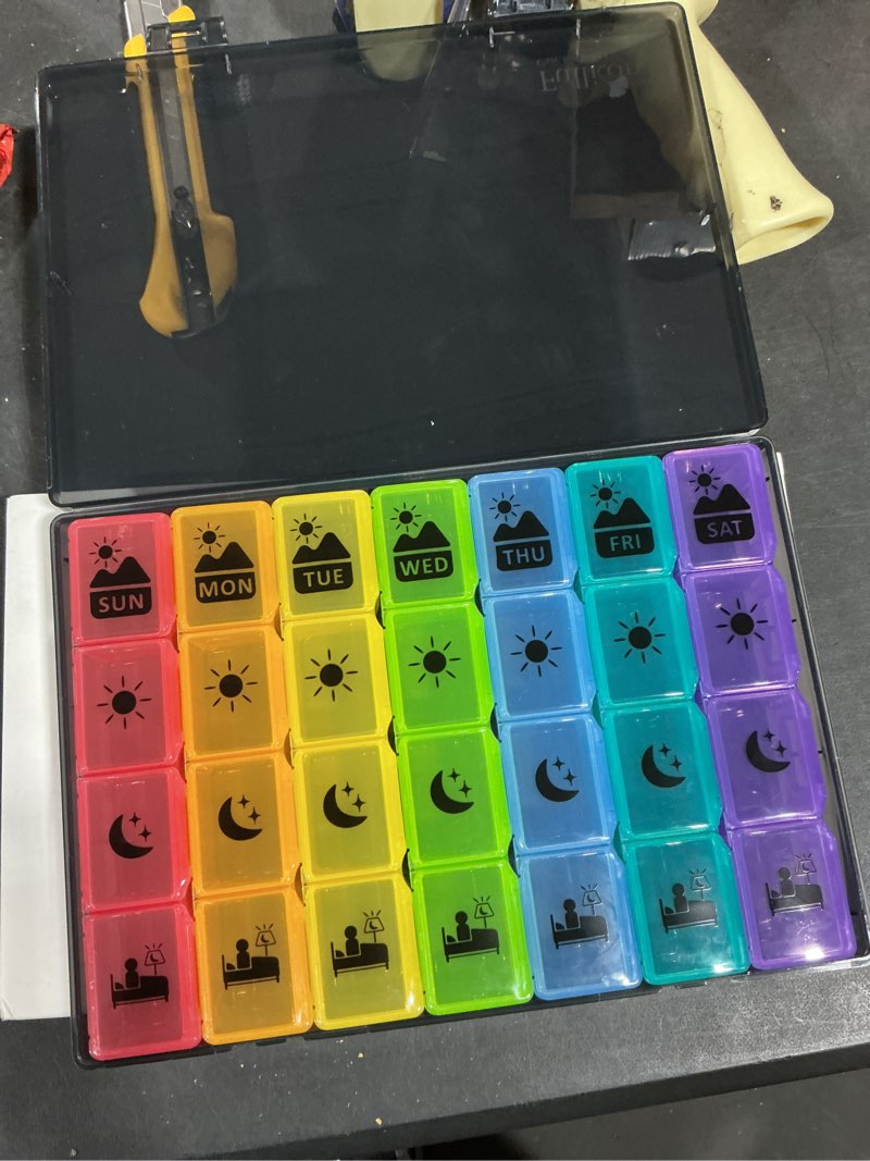 Condition photo showing New/Like New for Extra Large Weekly Pill Organizer 4 Times a Day, Fullicon XXL Large Pill Box, 7 Day Medicine Organizer, Black Pill case for Vitamin/Fish Oil/Supplements Multicolor