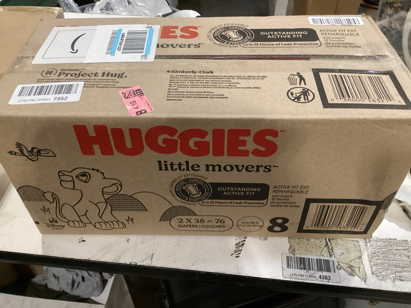 Condition photo showing New/Like New for huggies size 8 diapers, little movers baby diapers, size 8 (46+ lbs), 76 count (2 packs of 38), packaging may vary size 8 76