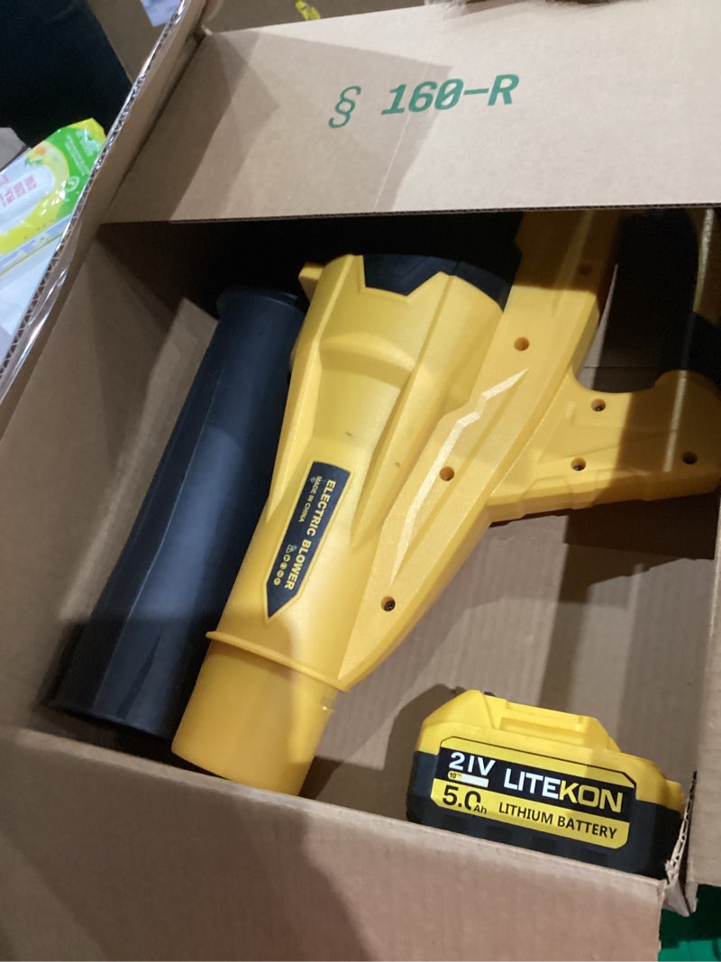 Condition photo showing Good Condition for leaf blower cordless with 2× 5.0ah batteries and charger, 21v electric, lightweight battery powered blowers for lawn care, yard, patio cleaning, blowing leaves & dust, yellow dark yellow