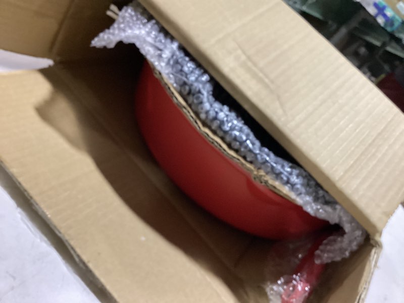 Condition photo showing As Is for 12 inch deep frying pan with lid, large nonstick skillet, 5 qt saute pan with detachable handle, compatible with all stoves, induction ready, oven safe, pfoa free, red red 12 inch-with lid