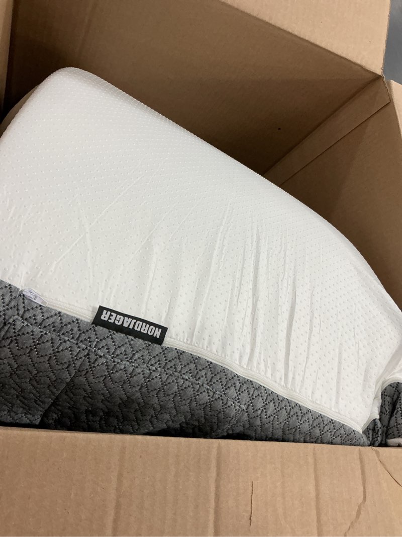 Condition photo showing As Is for nordjager wedge pillow for sleeping & resting, 24"x24"x10" memory foam cushion with grey and white patterned polyester cover, ideal for bedroom & living room – comfortable support for adults grey & white wedge pillow - 10 inch