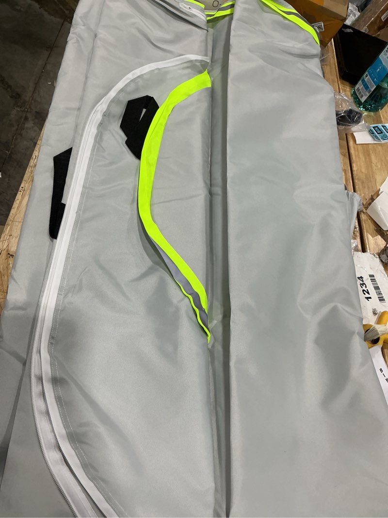 Condition photo showing As Is for (product differs slightly from stock photo) car cover waterproof all weather. outdoor full exterior covers for automobiles sedan hatch suv rain sun protection. reflective green/gray