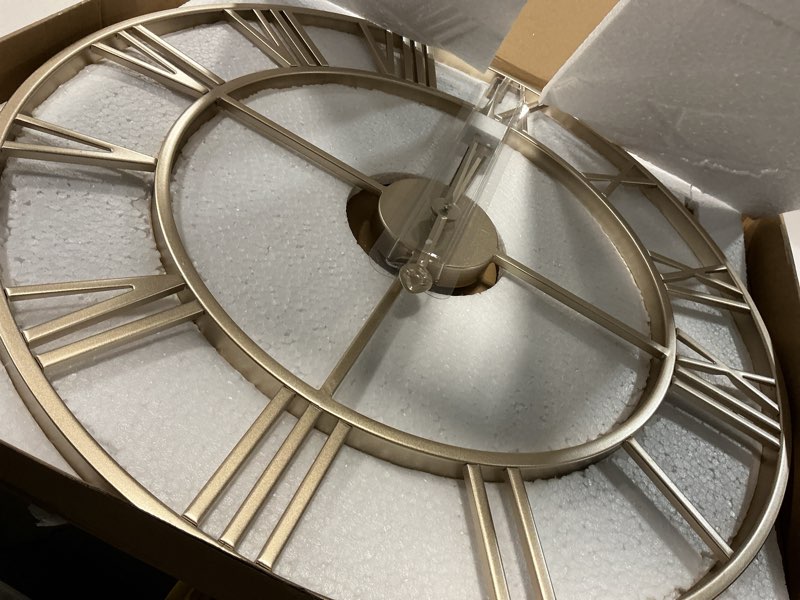 Condition photo showing Good Condition for leike large modern wall clocks,24" gold metal,rustic,round,silent non ticking,battery operated roman numerals clock for living room/bedroom/kitchen wall decor-(gold, 60cm) 24 inch gold-roman number