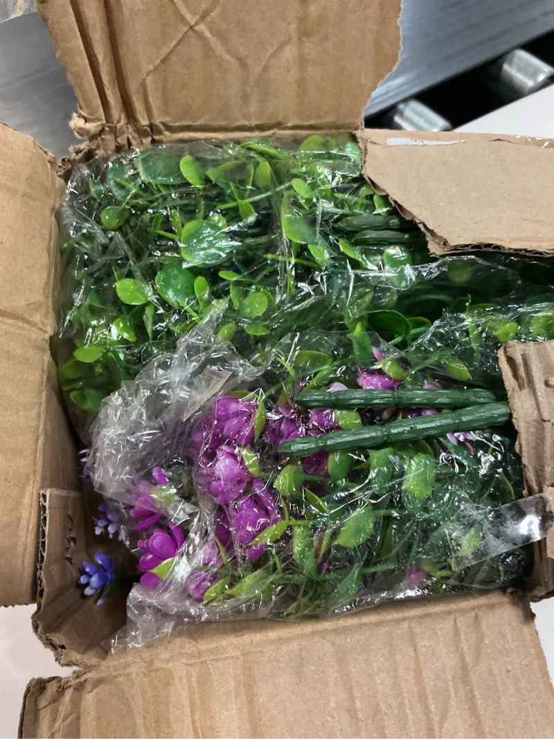 Condition photo showing As Is for hananona artificial flowers outdoor, faux artificial plants uv resistant plastic flower bulk for hanging planter porch window home wedding fall summer decor (24, fuchsia, purple, yellow, green) 24 fuchsia, purple, yellow, green