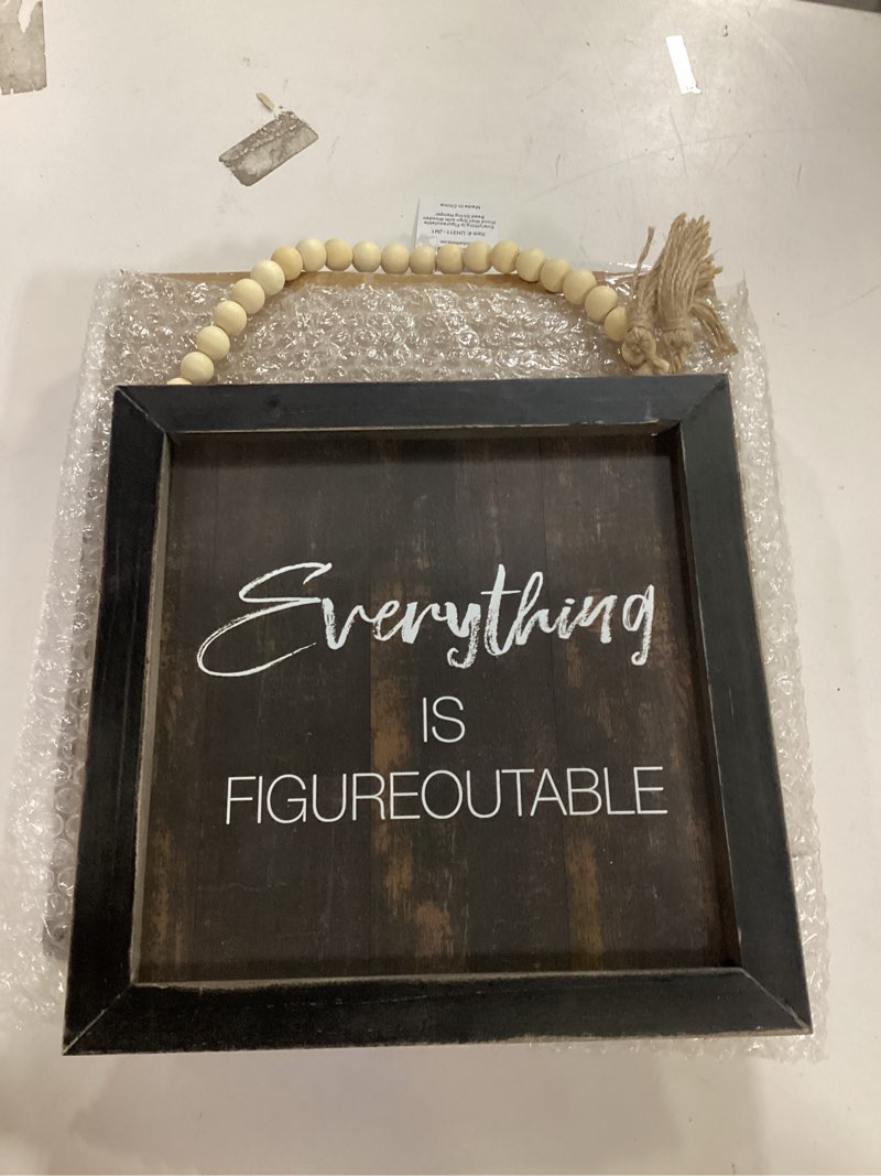 Condition photo showing New/Like New for Parisloft Everything is Figureoutable Wood Framed Wall Sign with Wooden Bead String Hanger,Rustic Farmhouse Wall Hanging Decor,Black