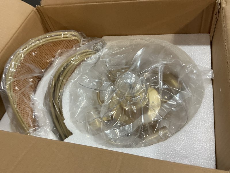 Condition photo showing New/Like New for Rattan fandelier Ceiling Fans with Lights, Fandelier Chandelier Ceiling Fan and Remote,Boho,Flush Mount,Low Profile,for Bedroom,Living Room,(25.5 Inch,6 Speed Gold Boho Fandelier