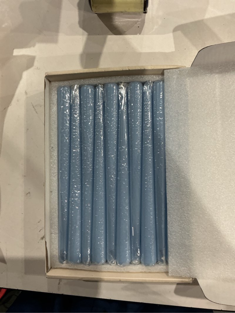 Condition photo showing New/Like New for 20-pack ice blue taper candles unscented, 10 inch tall dinner table candles for winter wedding centerpieces, bulk candlesticks smokeless dripless, cool blue decorative candle for home decor