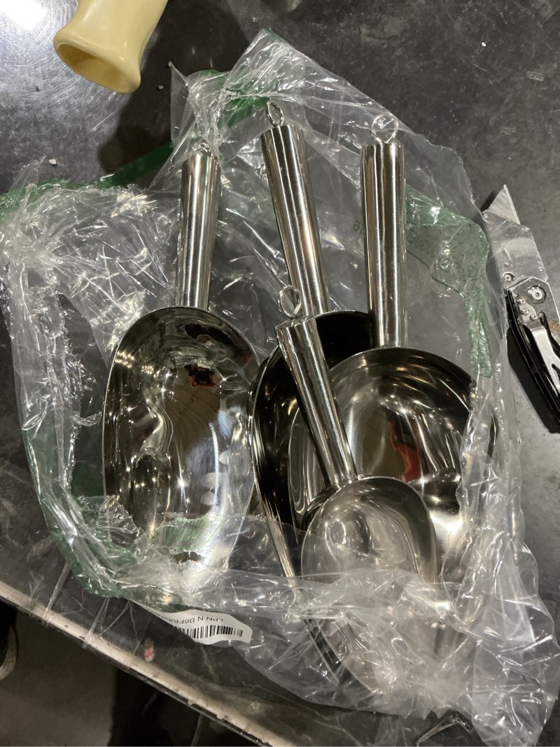 Condition photo showing Good Condition for tioncy 5 pack 3/6/9/12/16 ounce stainless steel ice scoop multiple sizes metal scoop with hanging loop rust-proof candy ice cube for kitchen party wedding popcorn dog food potted plants