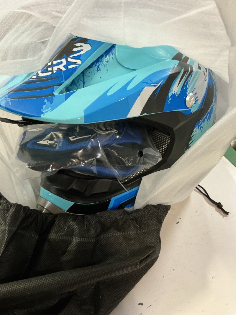 Condition photo showing New/Like New for dot youth dirt bike helmet with goggles & gloves for 5-14 years old, youth atv helmets for youth boys girls, four wheeler helmet, motocross bmx mx utv offroad street go kart dirt bike race car large dino blue