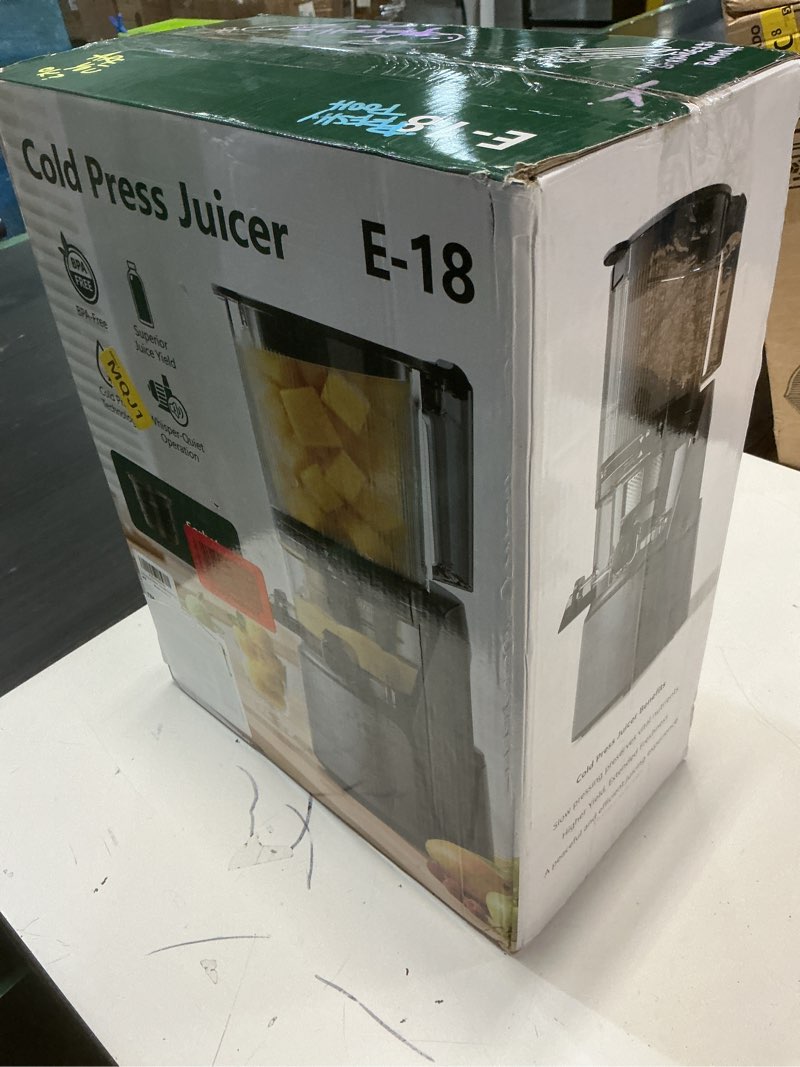 Condition photo showing New/Like New for juicer machines, 3-in-1 cold press juicer with 6.5" extra large chute, 100oz large capacity, ac motor, makes juice, nut milk & sorbet, premium gray