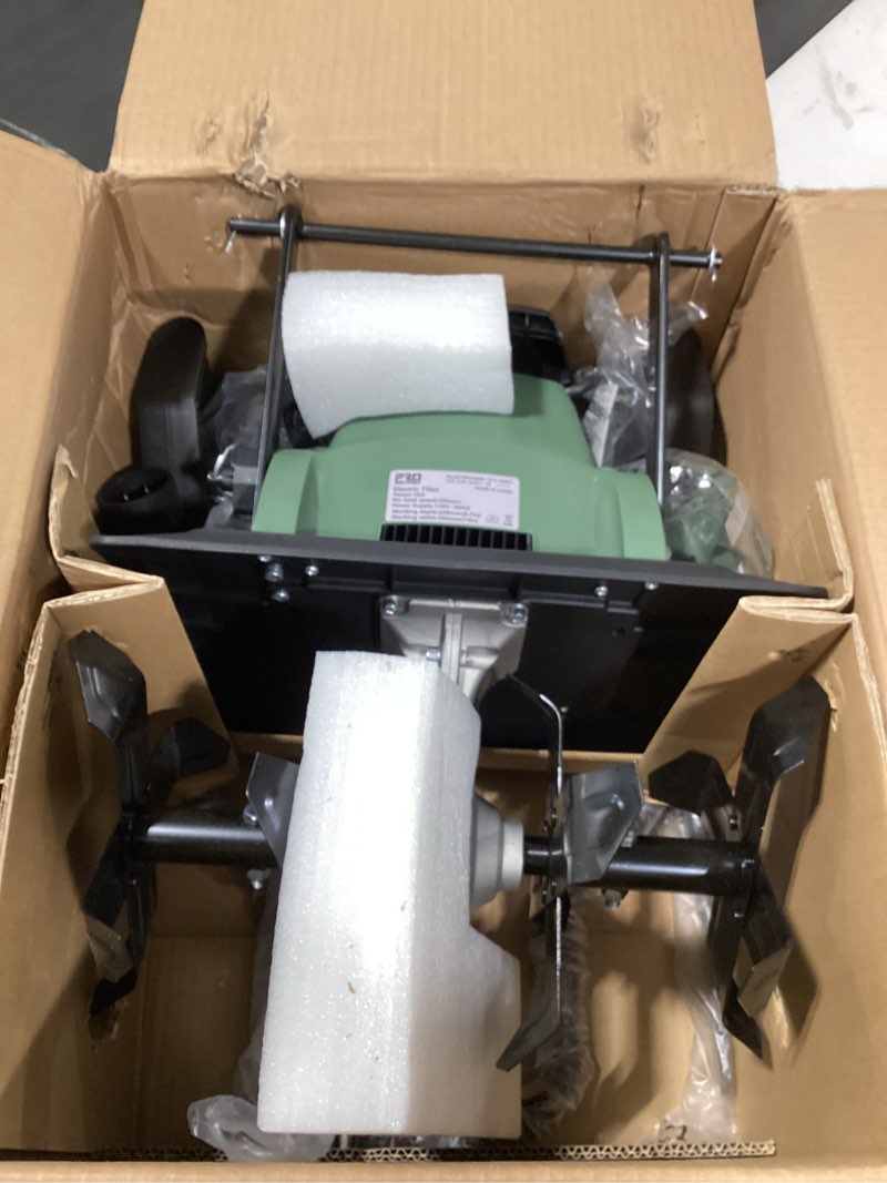 Condition photo showing As Is for 14 inch 10 amp electric tiller/cultivator, 4 steel tines tillers with adjustable wheels, 9" tillling depth electric rototiller for lawn, yard and garden digging 14inch