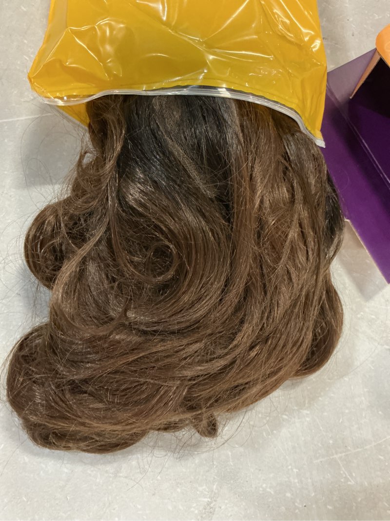 Condition photo showing As Is for kome ombre brown synthetic lace front wig, beginner friendly wigs t part glueless long curly wavy wigs with bangs for women cosplay daily use 28in(#tt30/2761) ombre brown #tt30/2761
