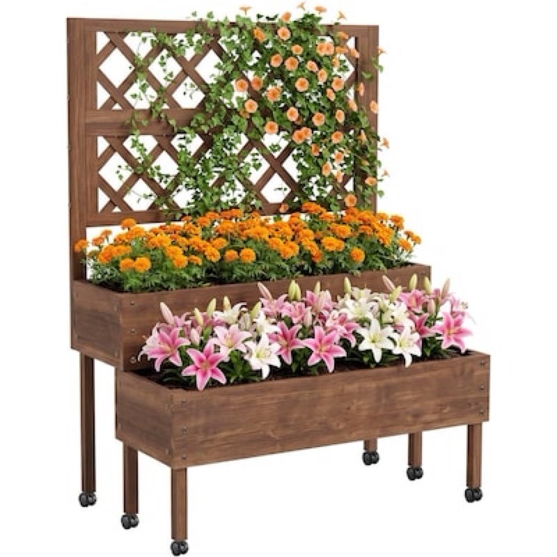 garvee raised garden bed with trellis and wheels 2 tier outdoor wooden elevated