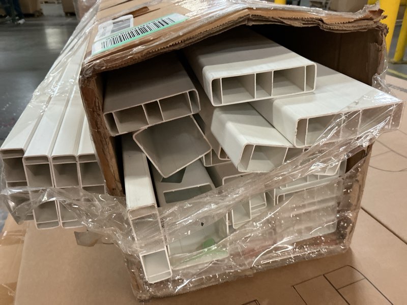 Condition photo showing As Is for Air Conditioner Fence 48" W x 48" H Vinyl Privacy Screens, Pool Equipment Enclosure Trash Can Enclosure Fence, Outdoor Privacy Screens, Kit Louvered for Outside Backyard Patio,2 Panels 48"W X 48"H White Louvered